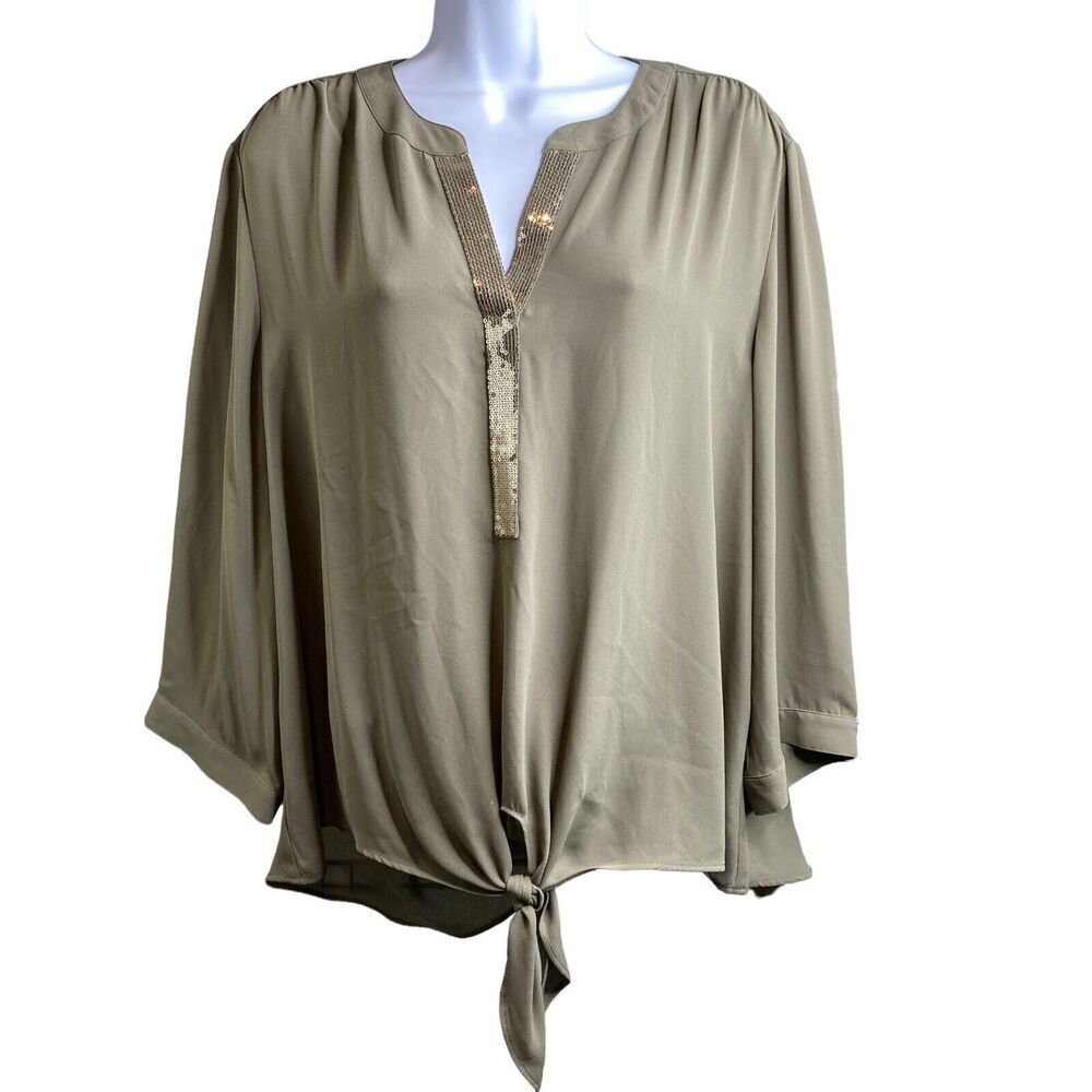 Chico's Women's Bronze Flowy Tie Hem Top Size 3 XL Sequins Subtle Glam Night Out